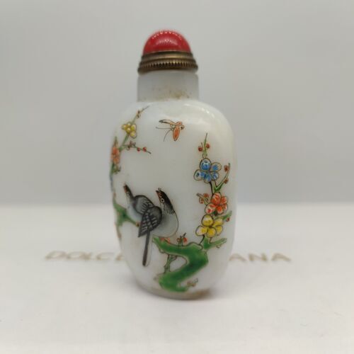 vintage chinese peking glass snuff bottle painted flower bird snuffbox signed