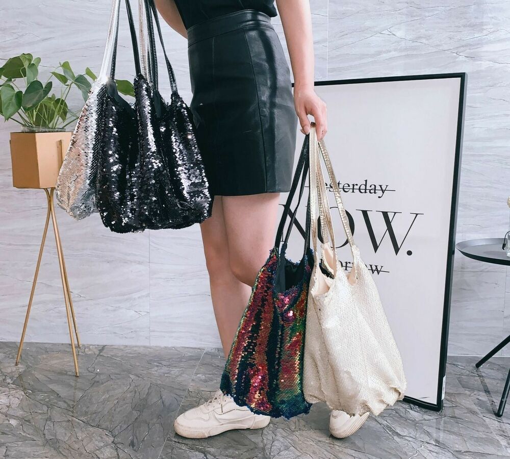 Women Shoulder Bag Large Capacity Sequin Diagonal Soft Handbag Polyester 22x26cm