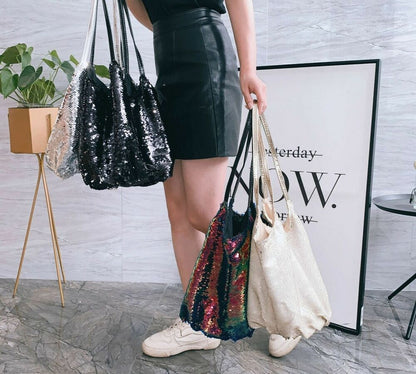 Women Shoulder Bag Large Capacity Sequin Diagonal Soft Handbag Polyester 22x26cm