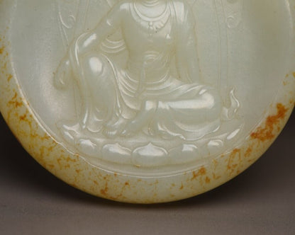 Antique Chinese Natural Hetian Jade Carving Kwan Yin Statue Lucky Jade Pendant