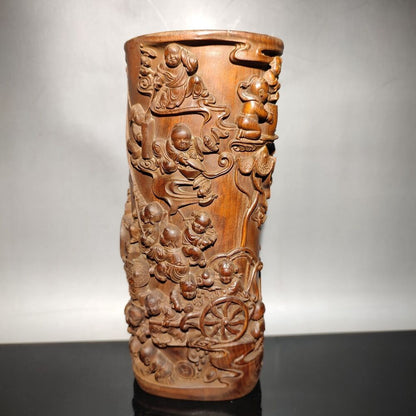 chinese children play kite statue desk study wood brush pot wooden decor carved