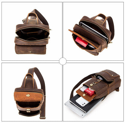 Men's Sling Backpack Crazy Horse Leather Large Capacity Chest Bag Crossbody Bag