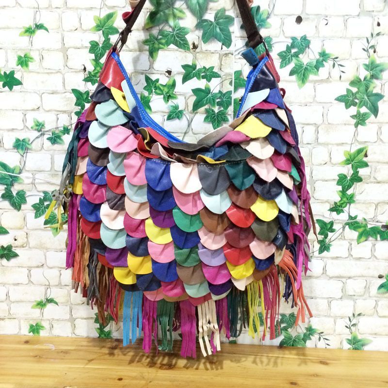 Multicolor Genuine Leather Tassel Bag One Shoulder Bags Beach Purse 33*10*33 Cm