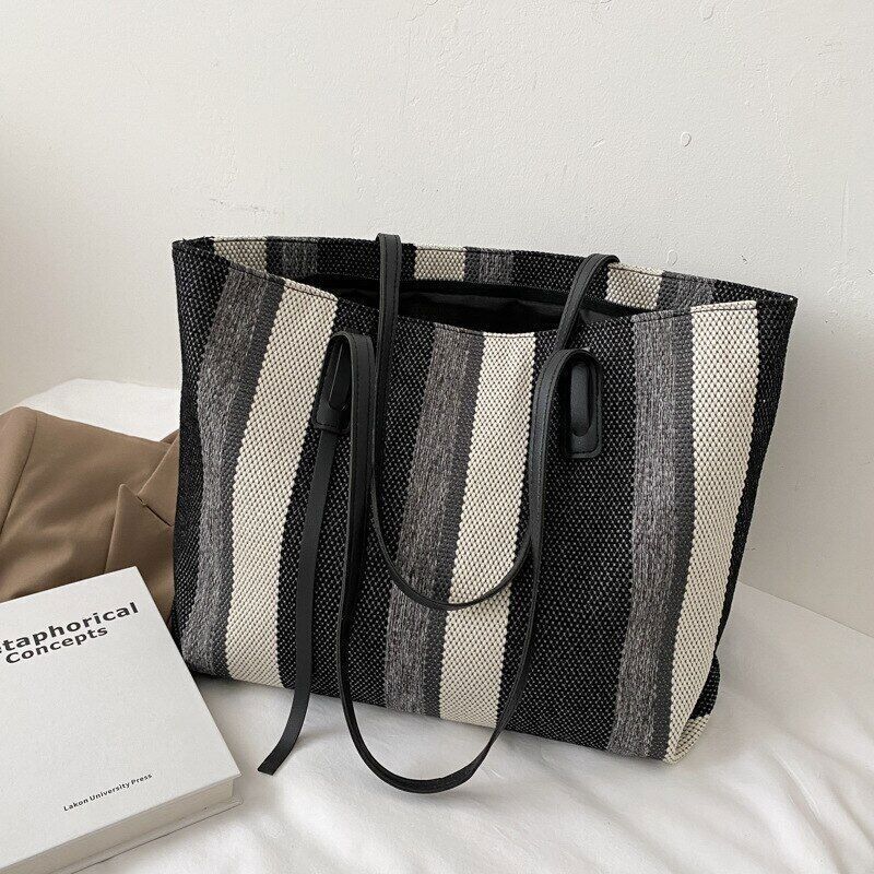 Canvas Women Shopping Shoulder Bags Stripes Handbags Female Bucket Tote Bag