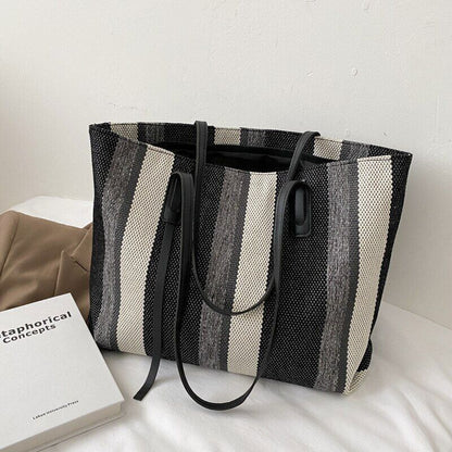 Canvas Women Shopping Shoulder Bags Stripes Handbags Female Bucket Tote Bag