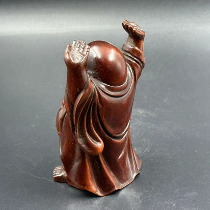 Chinese Vintage Boxwood Carving Laughing Buddha Statue Wooden Figurine Artwork