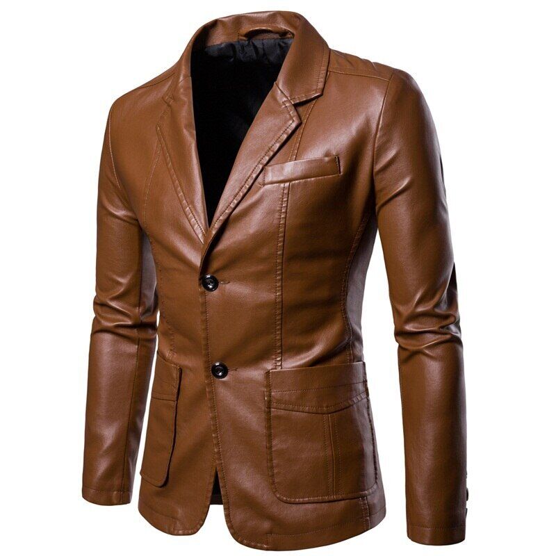 2022 Men's Lapel Leather Dress Suit Coat / Male Business Pu Jacket