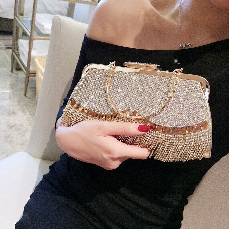 Women's Wedding Clutch Bag Tassel Handbag Banquet Evening Bag Chain Shoulder Bag