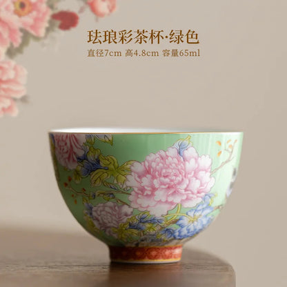 65ml Chinese Enamel Tea Cup Ceramic Peony Master Cup Tea Set Small Tea Bowl