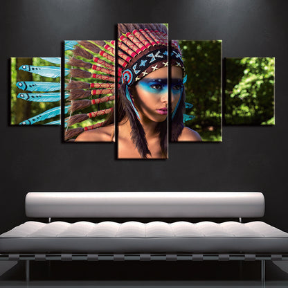 Indians Woman Headdress Feathers Canvas Prints Painting Wall Art Home Decor 5PCS