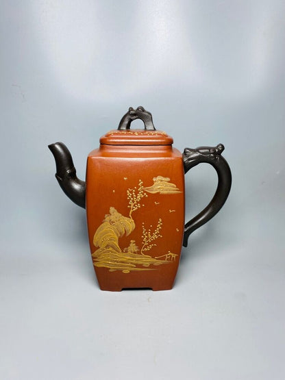 Chinese Yixing Zisha Clay Handmade Exquisite Teapot （高四方泥绘壶 底款：曼稀陶艺）