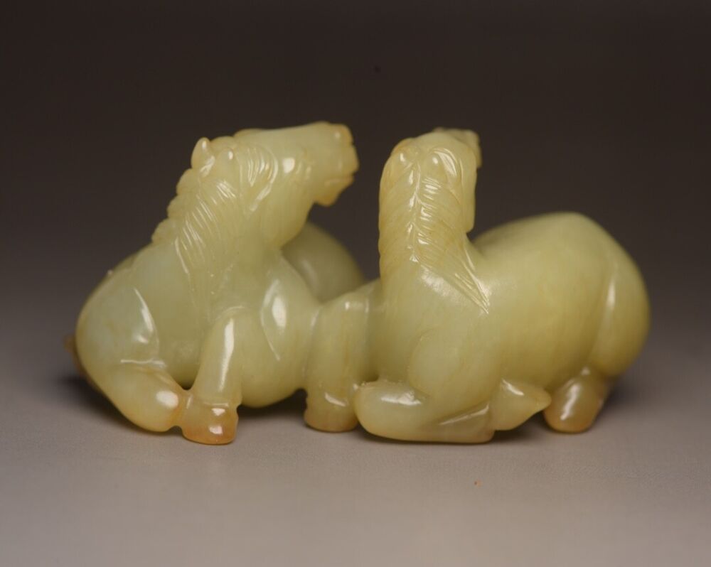 Chinese Natural Hetian Jade Carving Exquisite Pair Horse Statue Collectible Art