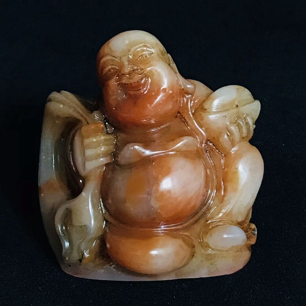 Antique Chinese Shoushan Stone Carved Laughing Buddha Statue Seal Carving Seals