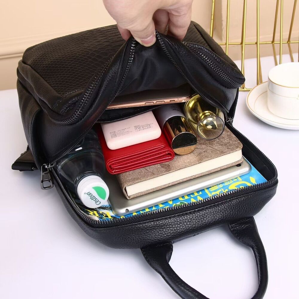 Top Cow Leather Black Women's bag, Crocodile Print Leather Backpack Travel Bags