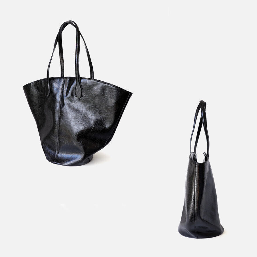 Large Shiny Soft Real Leather Waxed Tote Handbag Purse Shoulder Bag Shopper