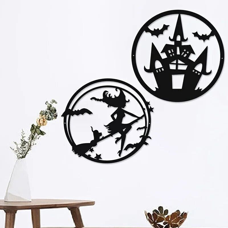 Metal Wall Decoration, Halloween Witch Cat Bat Castle Pattern Frameless Pendant