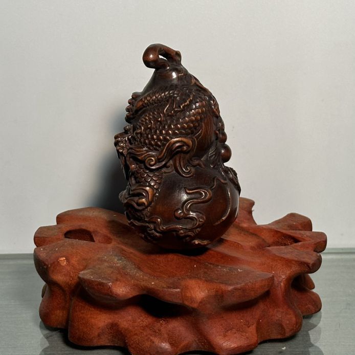 Chinese Boxwood Carved Dragon Gourd Statue Wooden Figurines Art Gift Collection