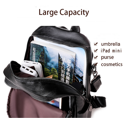 Large Capacity Black PU Leather Backpack Shoulder Bag Travel Rucksack Handbag