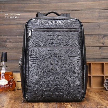 Top Cow Leather Black Men's Backpack, Crocodile Print Large Capacity Travel Bag