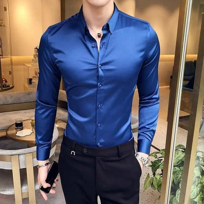 Camisa Ajustada De Seda De Hombres Ropa De Vestir Larga A Cuadros Elegante