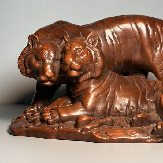 Vintage Chinese Boxwood Carved Pair Tiger Statue Decoration Wooden Figurine Nice