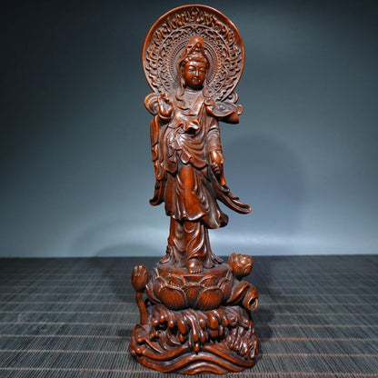 Antique Chinese Boxwood Carving Buddha Statue Wooden Sculptures Decor Collection