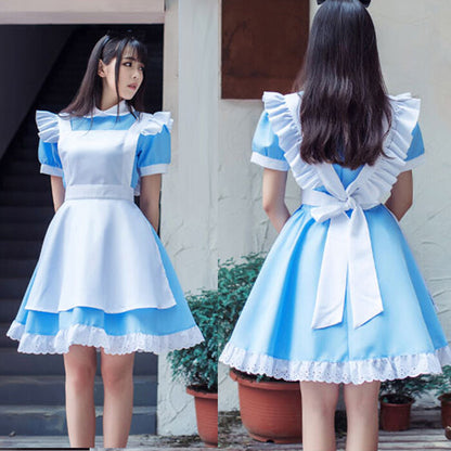 Alice in Wonderland Costume Waitress Uniform Maid Blue Dress Halloween Cosplay