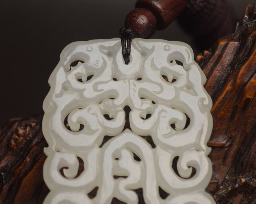 Chinese Natural Hetian Jade Carving Dragon Phoenix Lucky Jade Pendant Jewelry