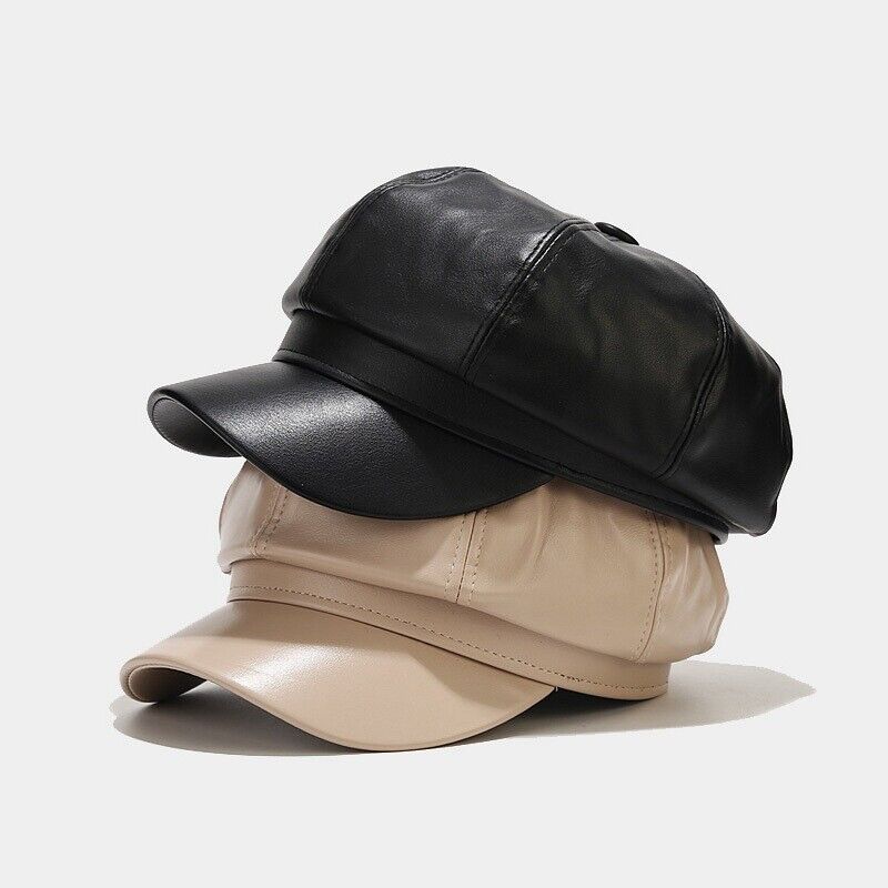 Lady Girl Newsboy Gatsby Beret Baker Boy Hat Cap Sheepskin Leather Vintage Black