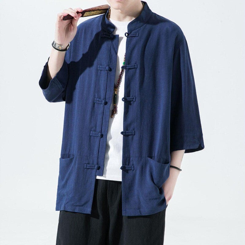 Chinese Tang Suit Men Retro Half Sleeve Shirt Kung Fu Tai Chi Jacket Hanfu Top