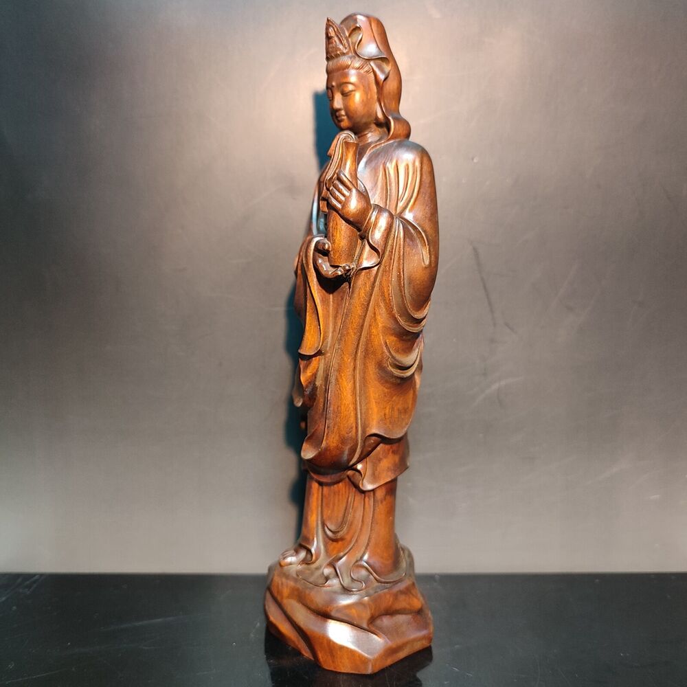 8" Wooden Chinese Quan Kwan-Yin Statues Praying Buddha Wall Decor Avalokitesvara