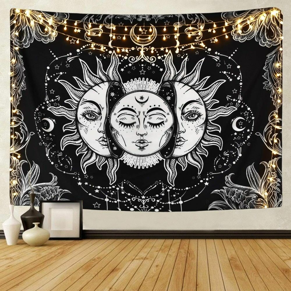 Psychedelic Tapestry White Black Sun Moon Mandala Wall Hanging Celestial Hippie