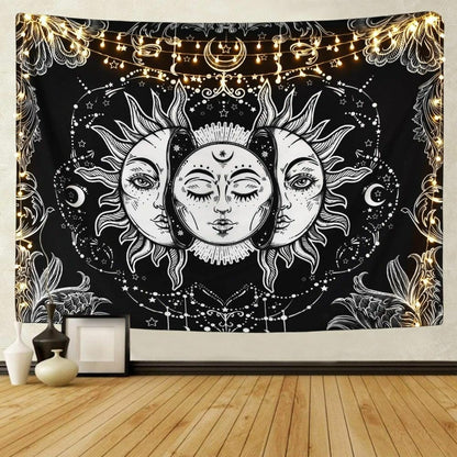 Psychedelic Tapestry White Black Sun Moon Mandala Wall Hanging Celestial Hippie
