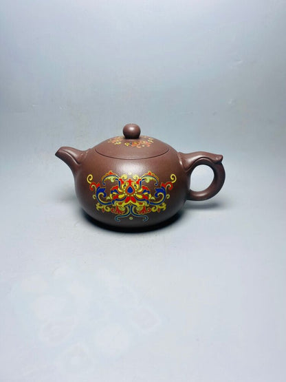 l-0Chinese Yixing Zisha Clay Handmade Exquisite Teapot （如意彩绘 底款：崔聖耀）