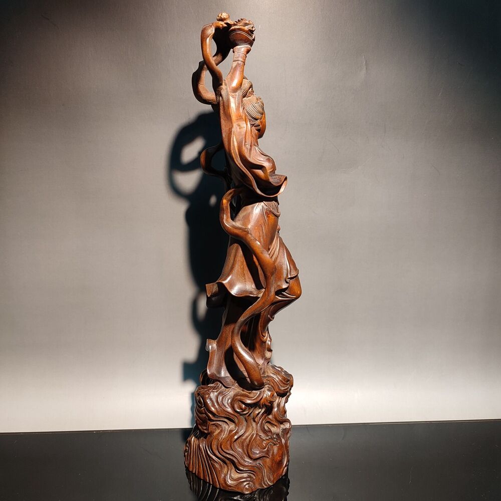 10"chinese carved wood statue pretty woman home decor carving figure wooden gift