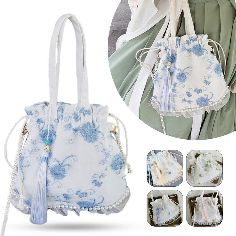 Pearl Floral Hanfu Bag Ancient Purse Embroidery Ruffle Drawstring Handbag Wallet