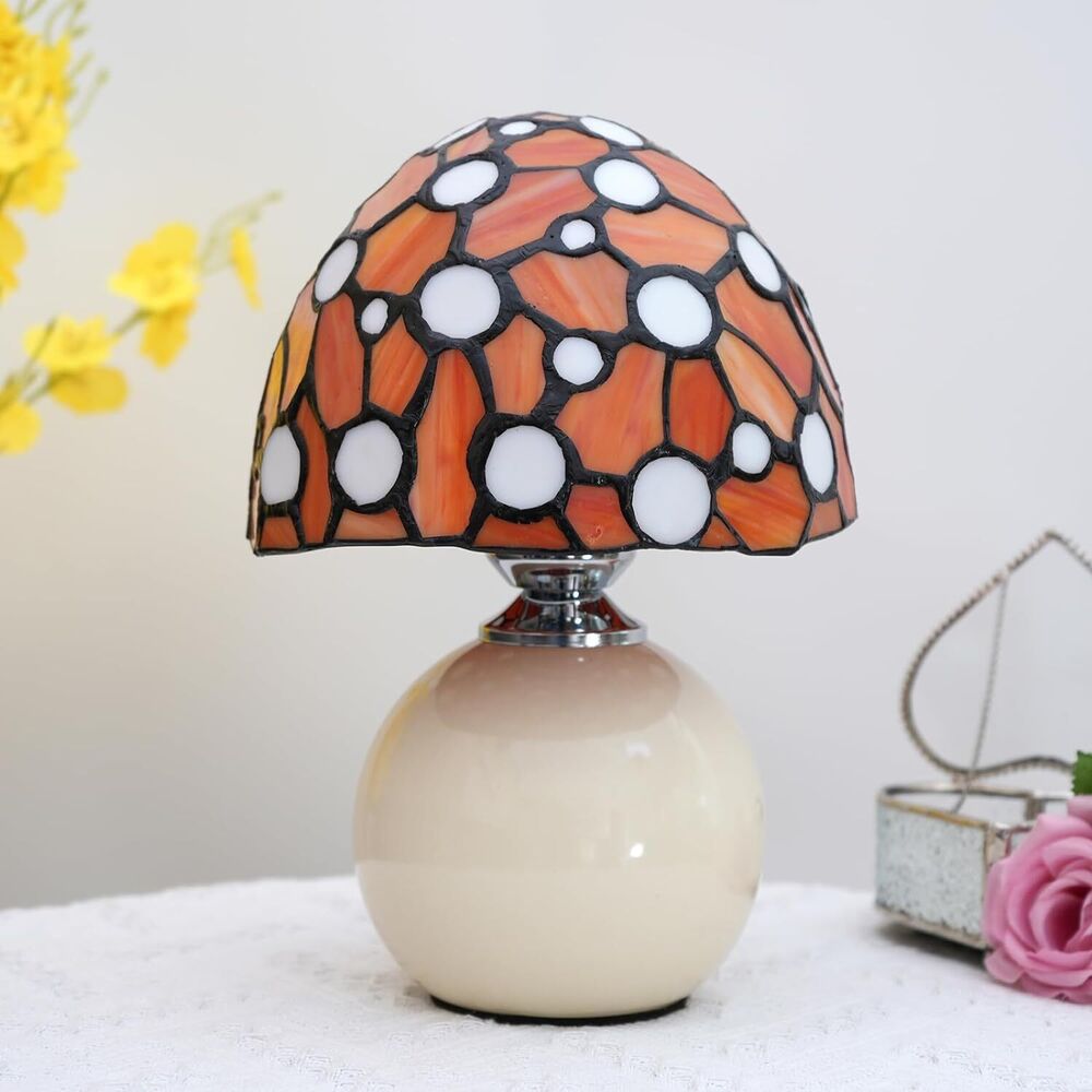 Stained Glass Orange Mushroom Lamp Bedroom Bedside Office Nightstand Accent Led