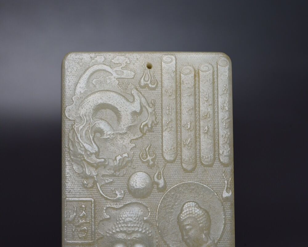 Chinese Natural Hetian Jade Carving Buddha Statue Dragon Good Luck Pendant Rare