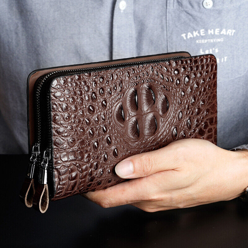 Business Clutch Bag Leather Crocodile Mens Double Zipper Long Wallet Card Holder