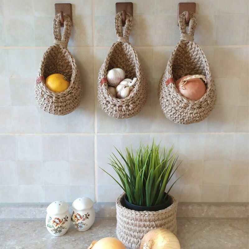 Wall Hanging Vegetable Fruits Storage Baskets Natural Wicker Woven Kitchen Shelf