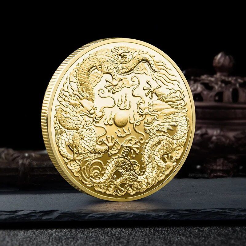 Commemorative Coin Double Dragon Nafu Gold Silver Bronze Chinese Classical Badge