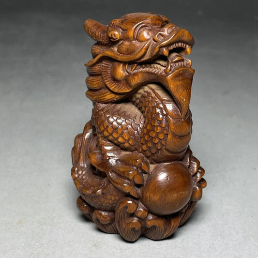 Chinese handmade Natural Boxwood Hand-carved Exquisite Dragon Statue gift