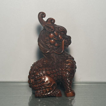 Chinese Wooden Carved A Pair Dragon Statue Unicorn Wood Home Decor Sculpture Art