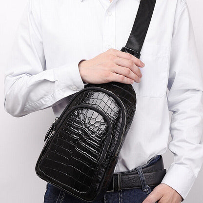 Men's Sling Backpack,100% Genuine Leather Crocodile Luxury Crossbody Bag Daypack
