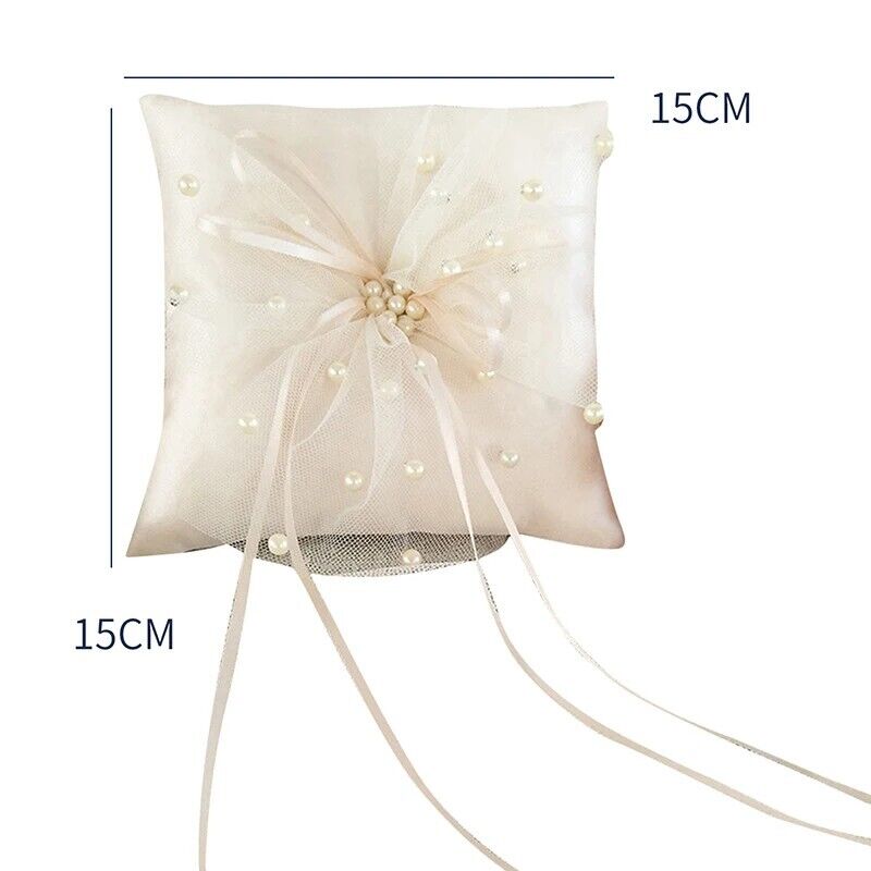 Wedding Ring Pillow Lace Ribbon Satin Cushion W/ Heart Rhinestones Decor 15x15cm