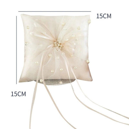 Wedding Ring Pillow Lace Ribbon Satin Cushion W/ Heart Rhinestones Decor 15x15cm