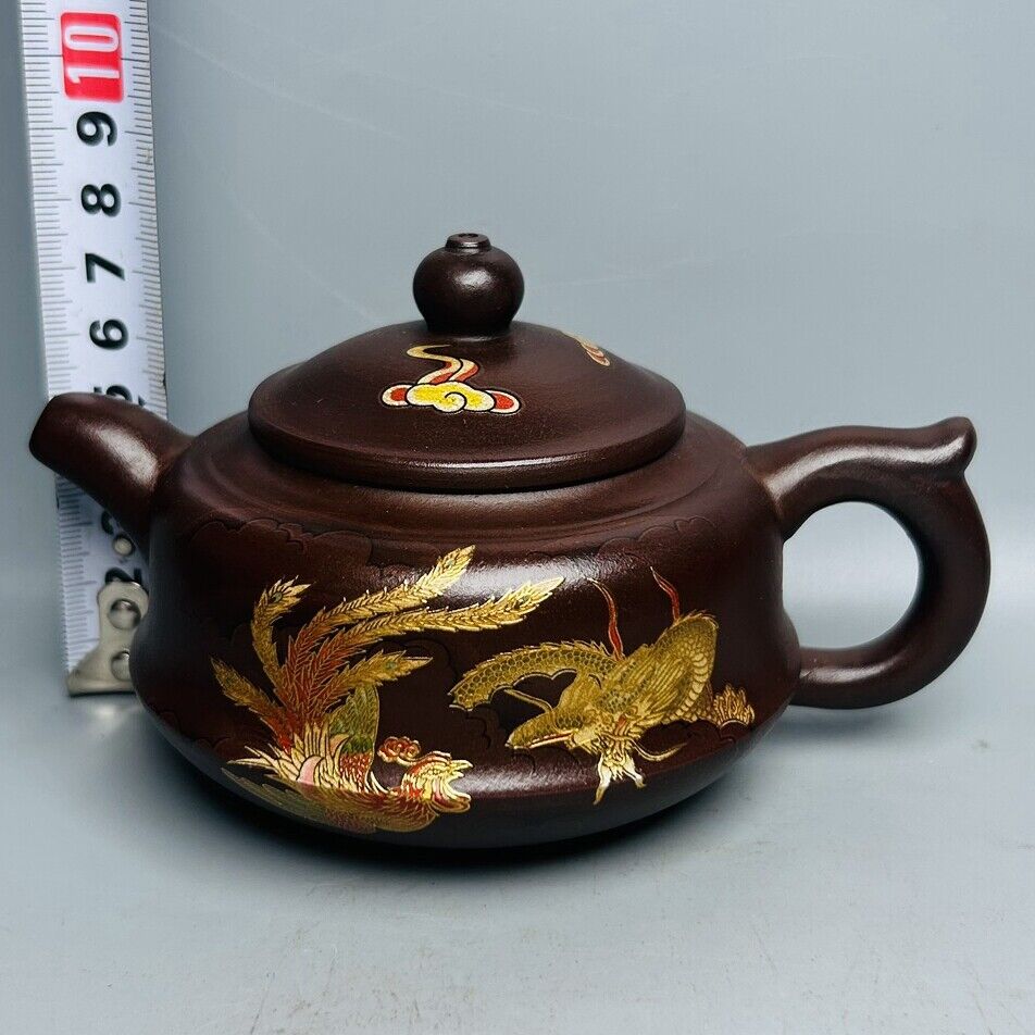 Chinese Yixing Purple Clay Teapot Zisha Ceremony Painted Dragon Phoenix Teaware
