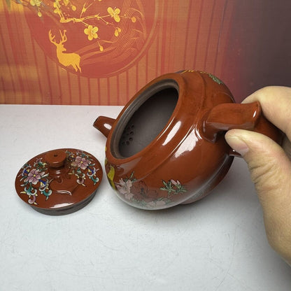 Chinese Yixing Purple Clay Teapot Zisha Ceramic Enamel Flower Bird Tea Set Nice