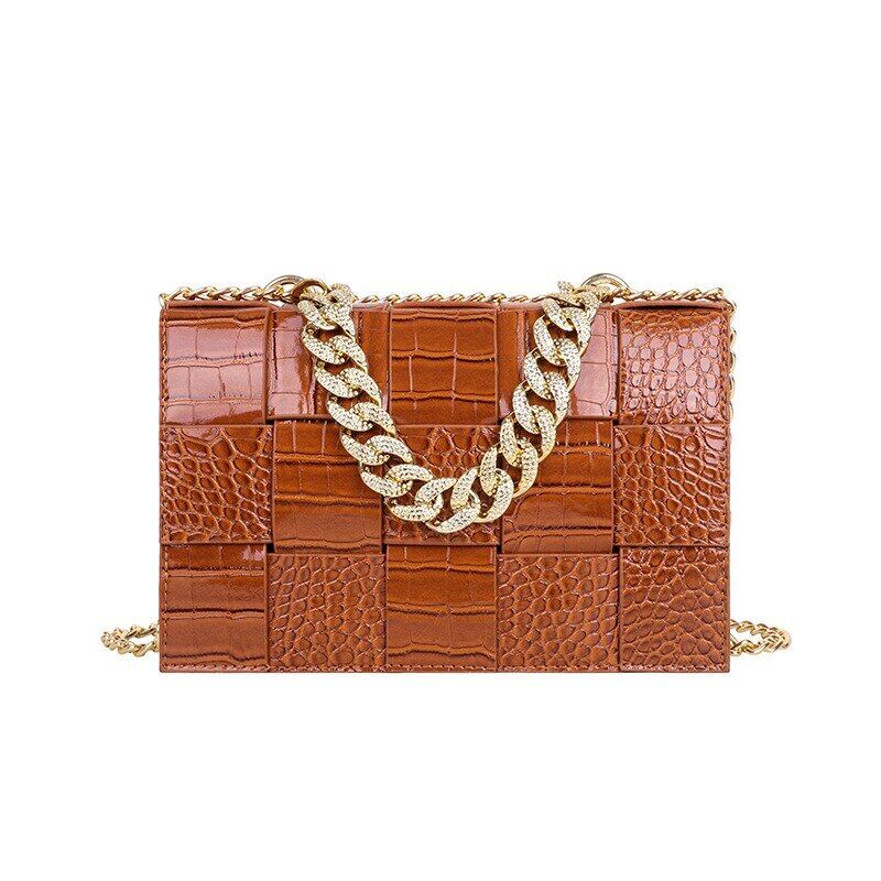 Pattern Pu Leather Bag Women Gold Chain Woven Square Bag Evening Party Clutch