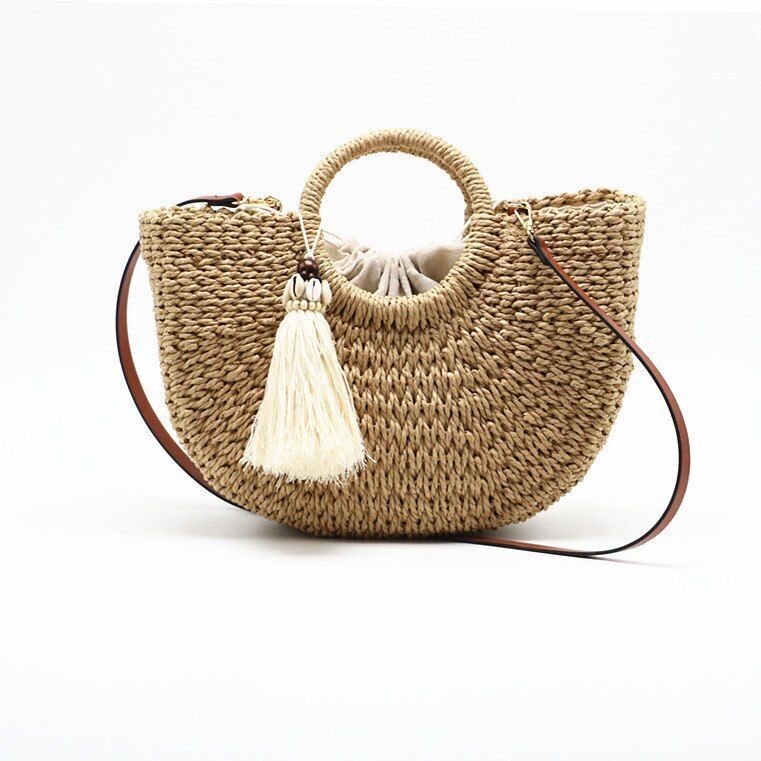 Straw Bag Spring/Summer Casual Round Handle Thick Woven Shopping Bag 36*23*11 CM